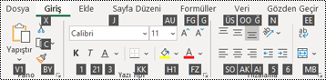 Excel şerit tuş ipuçları.
